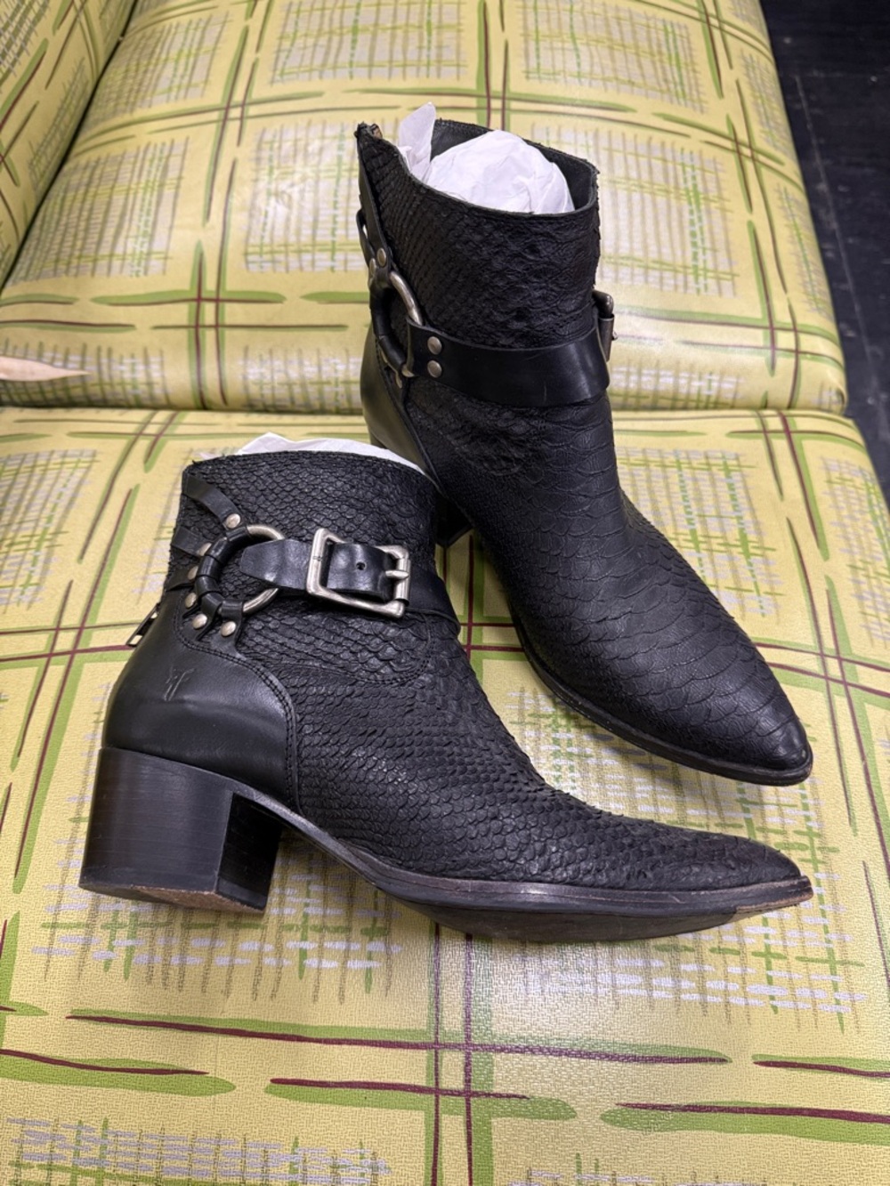 Black FRYE snake skin Leather Ankle Boots with Buckle Detail Size 8.5 B